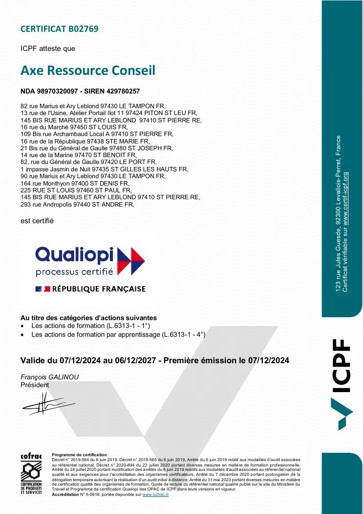 Certificat Qualiopi d'Axe Ressource Conseil pour les actions de formation et la formation par apprentissage
