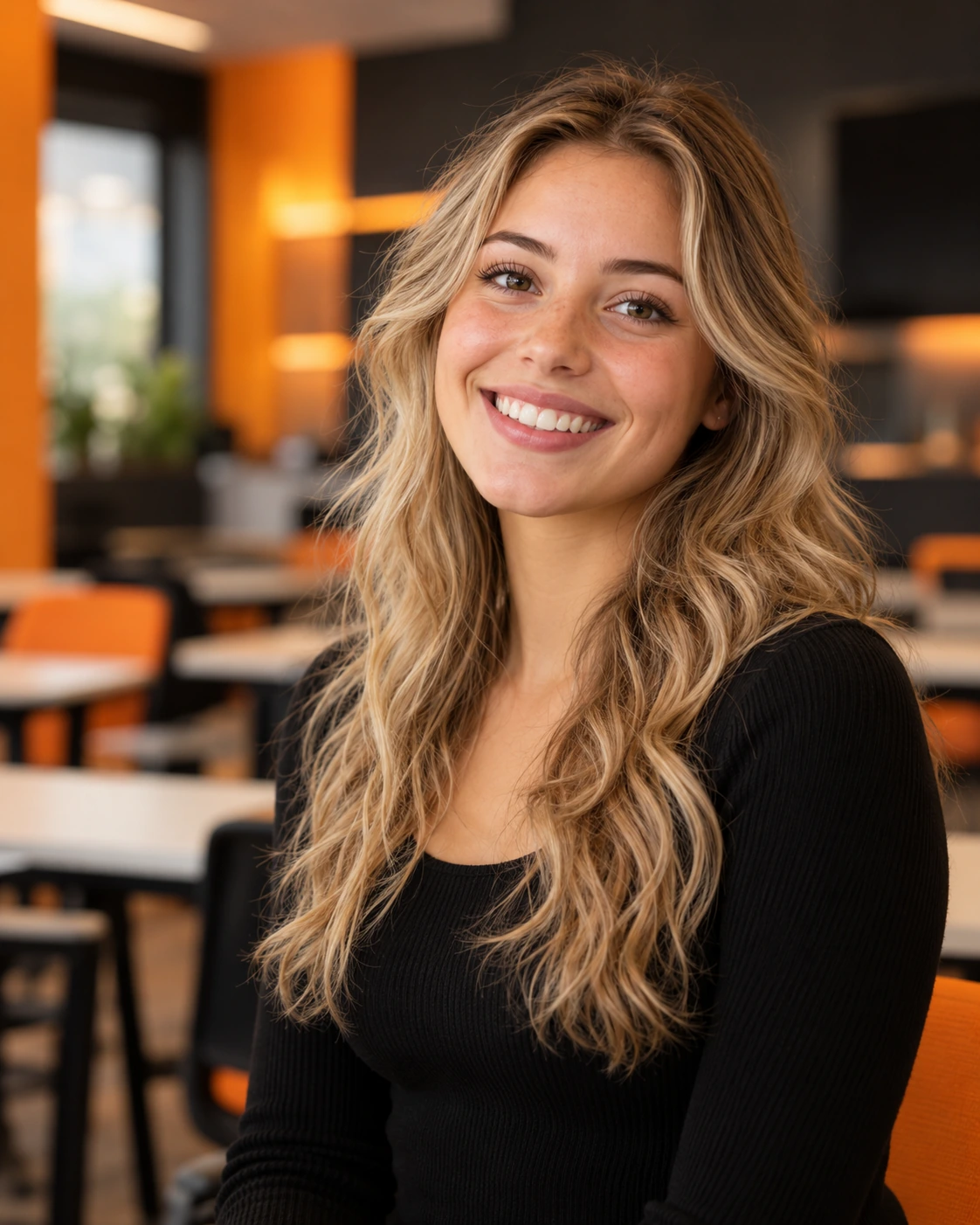 Jeune apprentie blonde, légèrement bouclée, très souriante, dans un CFA au style orange et noir