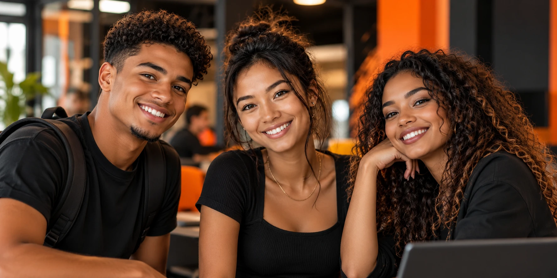 Trois jeunes adultes souriants dans un espace de formation chaleureux